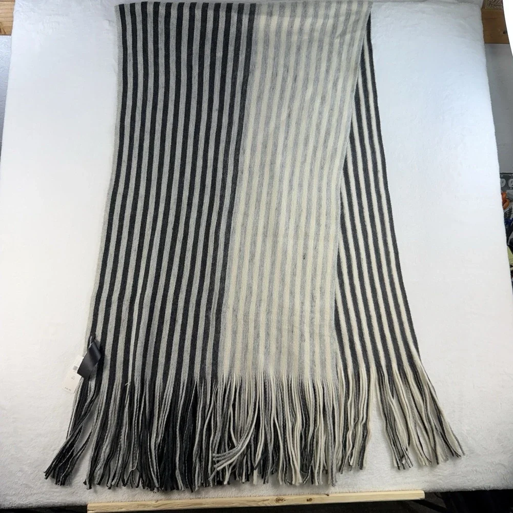 Anthropologie Long Fringed Scarf Wrap Knit Gray Striped Warm Soft Reversible NEW